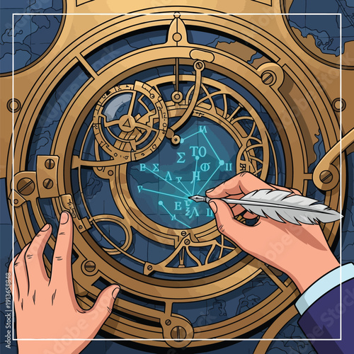 Analyzing Ancient Clockwork Mechanism: Hand Writing Glowing Greek Letters on a Steampunk Astrolabe Dial