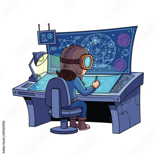 Cartoon Aviator Operating Futuristic Control Console with Space Map - Retro-Sci-Fi Navigation Illustration