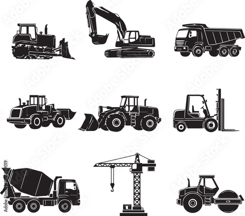 Vector set of trucks and heavy construction machines including excavator tractor bulldozer and crane isolated on white background.