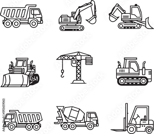 Vector set of construction machines and transport vehicle icons including truck, crane, tractor, bulldozer, excavator, forklift, train, and bus in silhouette style.