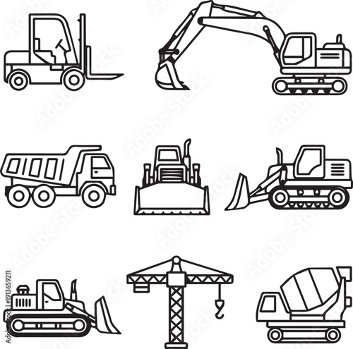 Set of construction machines and trucks including excavator, bulldozer, tractor and forklift in vector illustration style isolated on white background.
