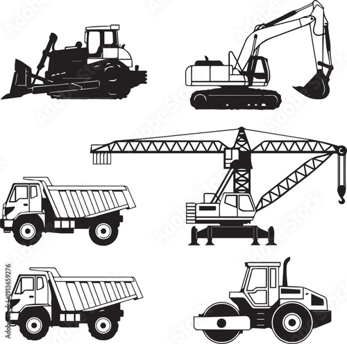 Vector illustration set of construction machines and truck silhouettes including excavator, crane, bulldozer and tractor isolated on white background.