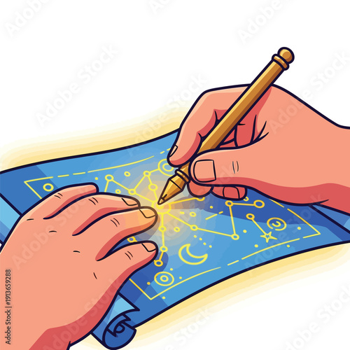 Magical Constellation Map Drawing: Cartoon Hands Charting Destiny or Occult Knowledge on a Glowing Blue Scroll with a Golden Stylus.