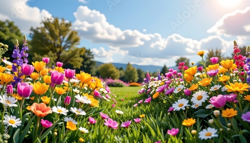Vibrant Spring Garden Scene with Colorful Blooming Flowers