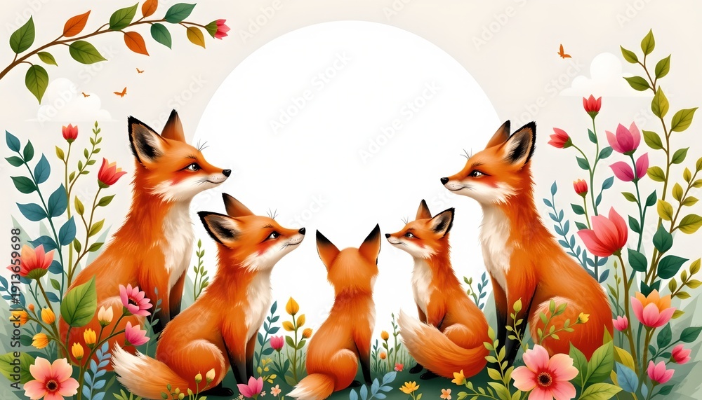 Fototapeta premium Vibrant Woodland Fox Family Warm Watercolor Scene