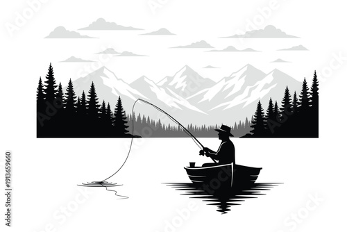 fishing boat silhouette and mountain