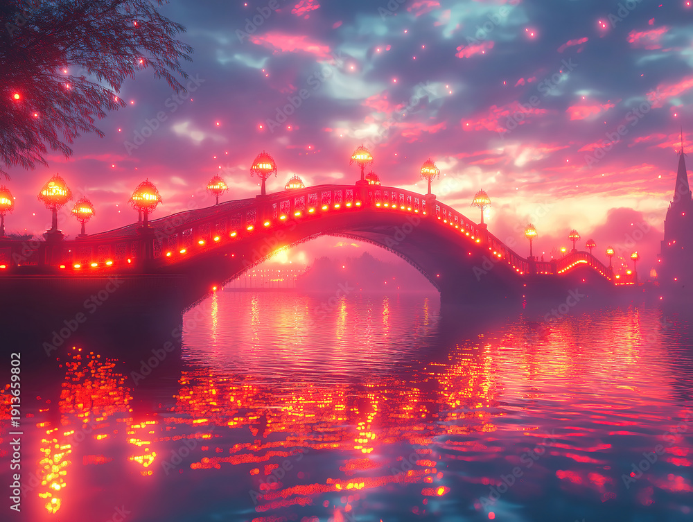 Fototapeta premium Romantic Bridge Lights Shining at the Edge of Night