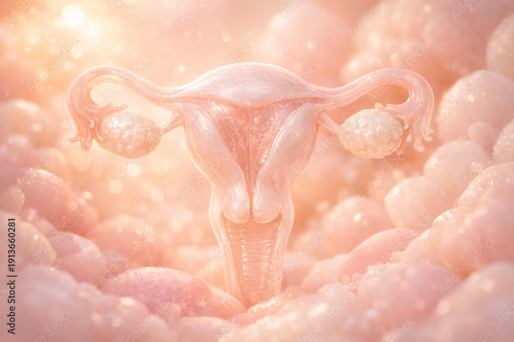 Fototapeta premium Elegant translucent 3D illustration of female uterus and fallopian tubes. symbolizing fertility, reproductive system, gynecology, conception, medical education and women’s health.