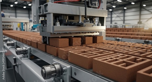 Automated brick production line in a factory environment closeup