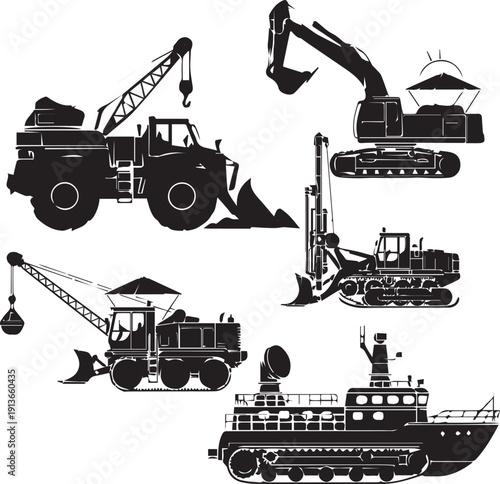 Construction machinery and equipment vector with bulldozer truck and crane.