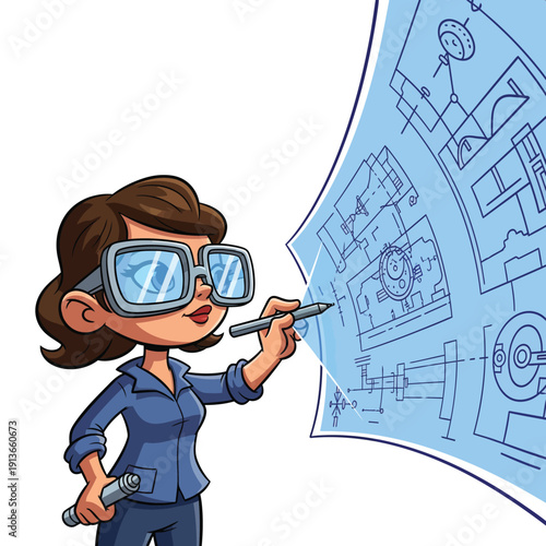 Animated Female Engineer Character with Goggles Drawing on Blue Blueprint - Technical Design, Architecture, and STEM Planning.