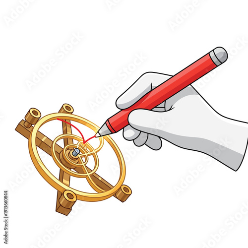 Precision Engineering Illustration: Hand Drawing Path on Golden Clockwork Mechanism with Red Stylus