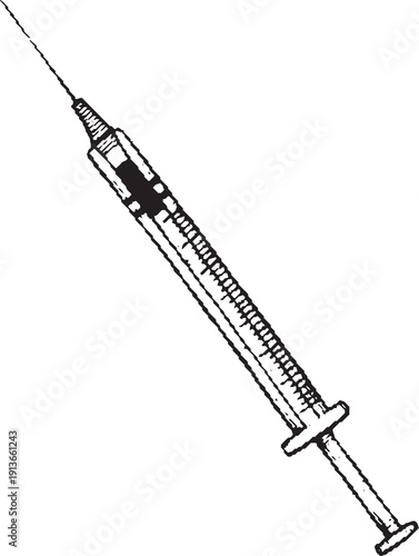 Hand drawn black medical syringe. Sketch retro vintage. Police and detective elements. police object clipart. Decorative element. Clean line work and cross-hatch shading.