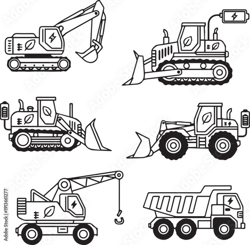 Set of vector trucks and construction machines illustration.