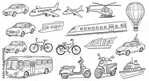 Collection of hand-drawn transportation vehicles and modes of travel.