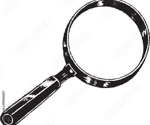 Hand drawn magnifying glass, convex lens, criminal icons. Sketch retro vintage hand drawing illustration. Police and detective elements. crime object clip art for decorative artwork. Mystery theme.