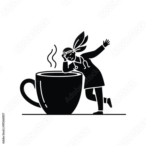 Tired doctor leaning on giant coffee cup, overworked, burnout, healthcare worker stress