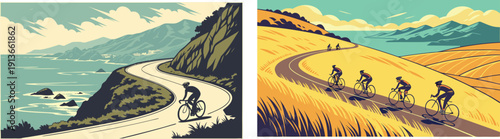 Set of Vintage Style Illustrations featuring a Solo Cyclist on a Coastal Cliff Road and a Group of Cyclists on a Winding Country Road