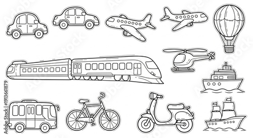 Collection of hand-drawn transportation vehicles and modes of travel.