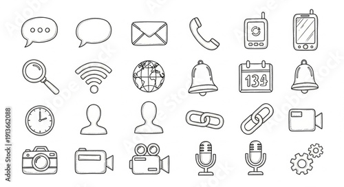 Collection of hand-drawn communication and technology icons.