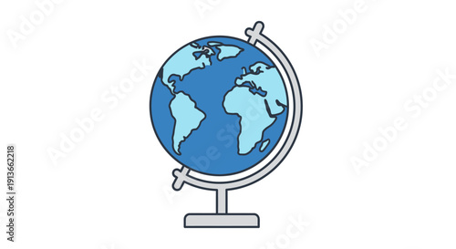 A simple illustration of a blue globe on a stand.
