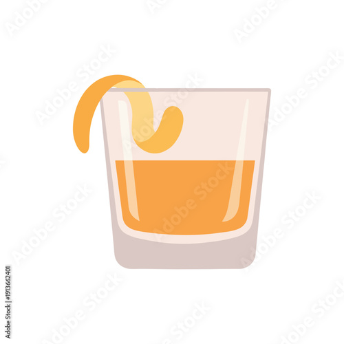 minimal flat vector icon of whisky glass with citrus peel garnish