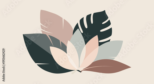 Abstract Botanical Arrangement of Tropical Leaves in Muted Tones.