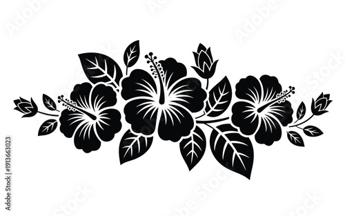 Black and white illustration of hibiscus flowers and leafy stems a tropical design
