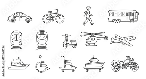 Collection of hand-drawn transportation vehicles and modes of travel.