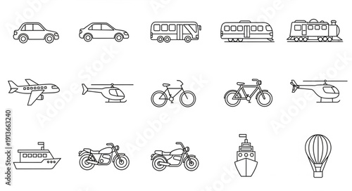 Collection of hand-drawn transportation vehicles and modes of travel.
