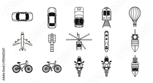 Collection of hand-drawn transportation vehicles and modes of travel.