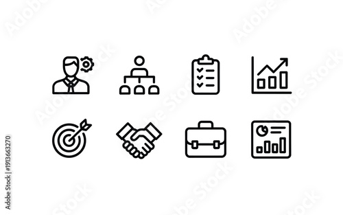 Line icons representing business strategy management and financial growth concepts