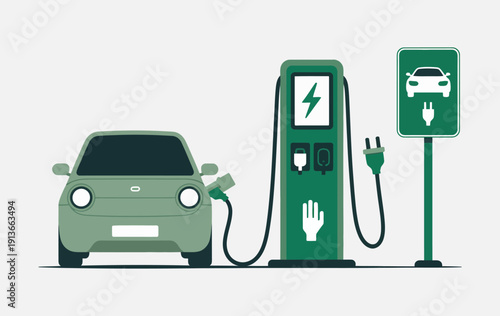 Electric Car Charging, vehicle at a charging station in urban city environment, sustainable transportation