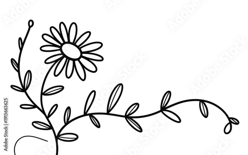 Simple black and white floral sketch with a delicate stem and leaves