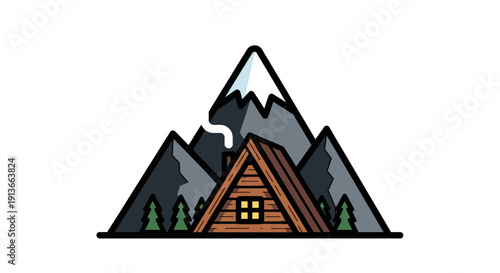 A-frame cabin nestled in front of majestic mountains.