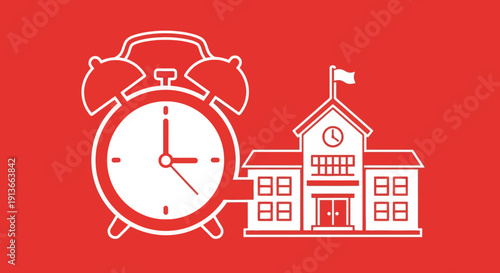 Alarm clock and school building illustration symbolizing education time.