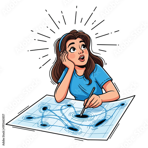 Inspired Cartoon Woman Brainstorming a Strategy Map. Idea, Insight, and Problem Solving Concept Vector Illustration Isolated on White.