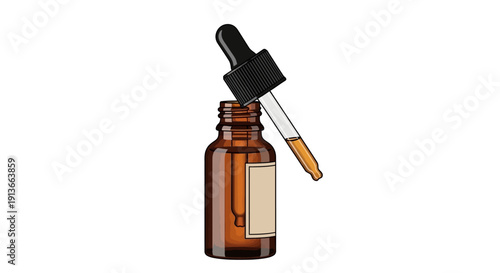 Amber glass dropper bottle with liquid and label.