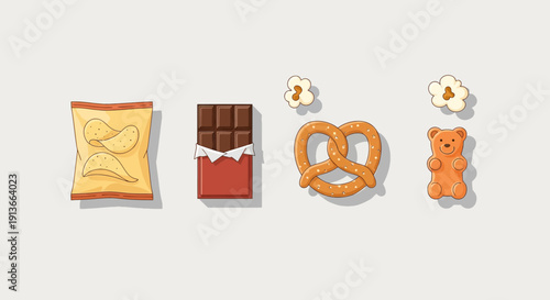 Assortment of popular snack foods and treats displayed.