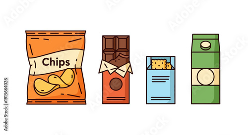 Assortment of popular snack food items including chips and chocolate.