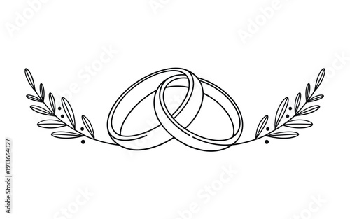 Interlocking wedding rings with botanical elements in a simple black and white design