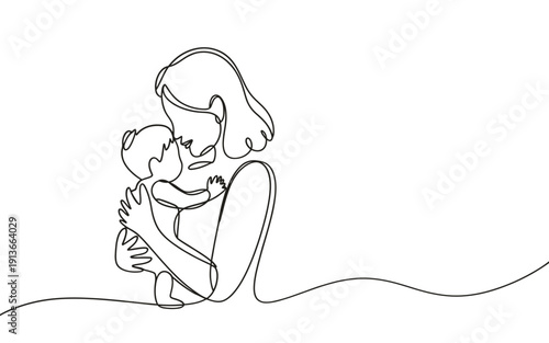 A continuous line drawing depicts a mother lovingly holding her baby close