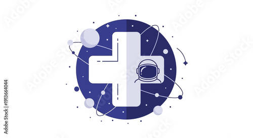 Astronaut Helmet Inside a Cosmic Medical Cross Symbol.