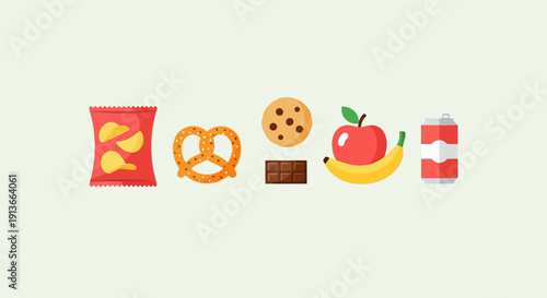 Assortment of popular snack foods and fruits arranged in a line.