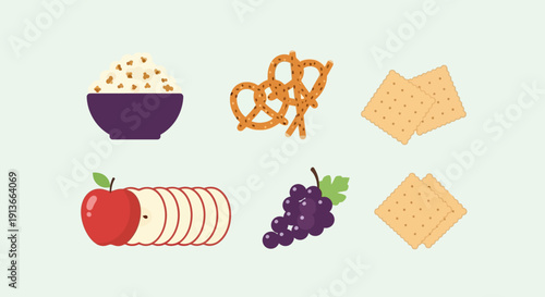 Assortment of Healthy Snacks Including Fruits and Crackers.