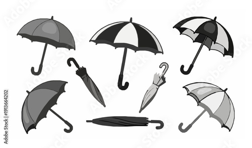 Cartoon flat umbrella vector set with realistic rain and parasol types isolated on white background