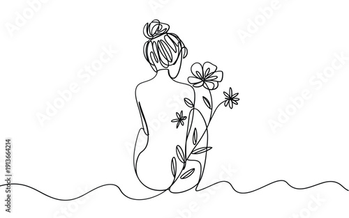 A continuous line drawing depicts a woman with flowers growing from her back