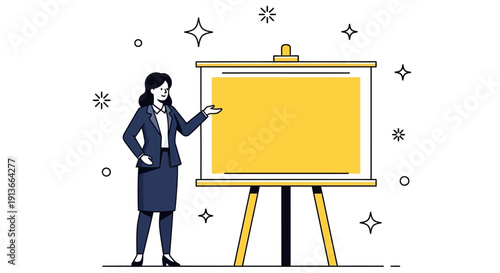Businesswoman presenting at a yellow blank easel board with decorative sparkles