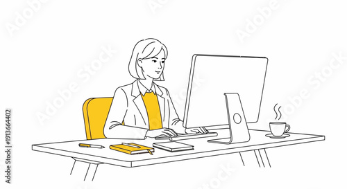 Line art illustration of a woman working at a desk with a computer