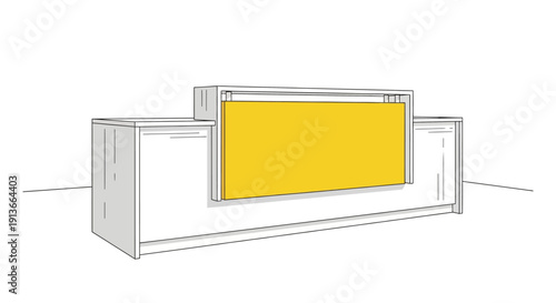 Line drawing of a white reception desk with a bright yellow panel insert